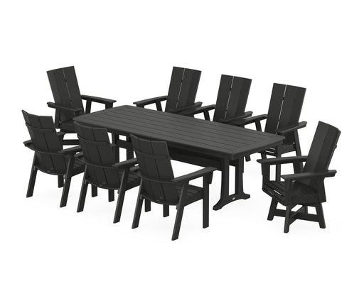 POLYWOOD Modern Curveback Adirondack Swivel 9-Piece Dining Set with Trestle Legs in Black image