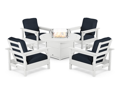 POLYWOOD Club 5-Piece Conversation Set with Fire Pit Table in White / Marine Indigo image