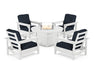 POLYWOOD Club 5-Piece Conversation Set with Fire Pit Table in White / Marine Indigo image