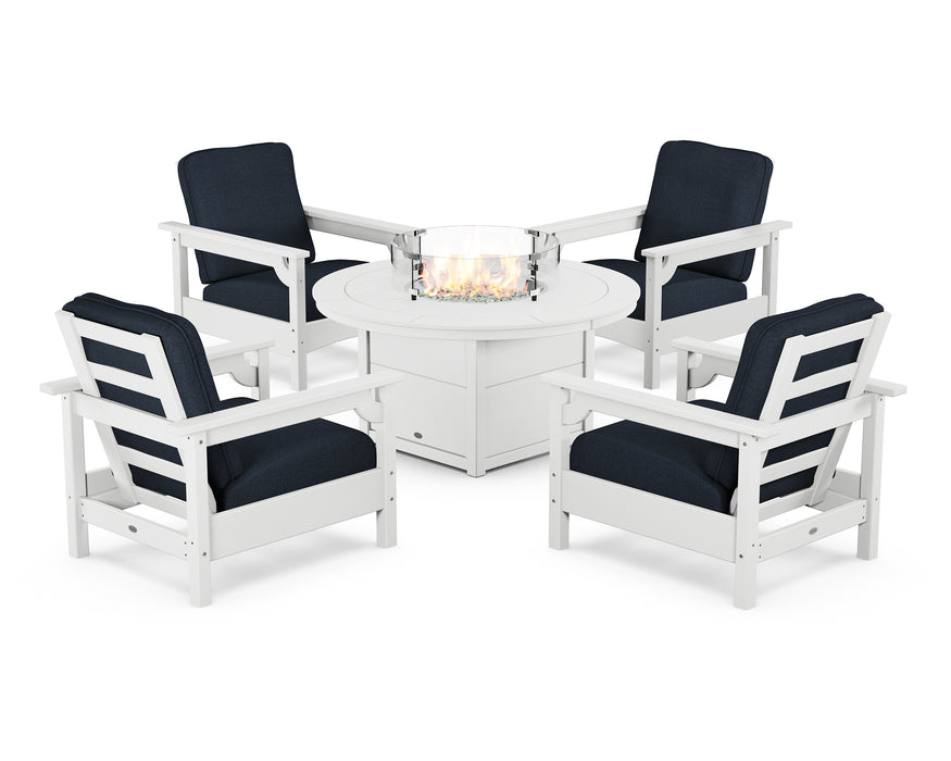 POLYWOOD Club 5-Piece Conversation Set with Fire Pit Table in White / Marine Indigo