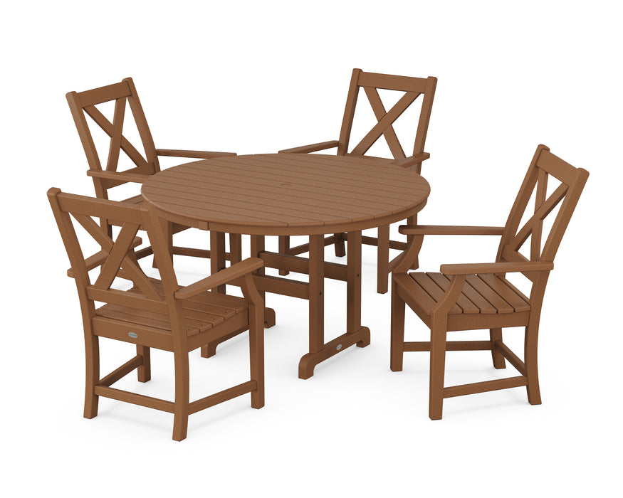 POLYWOOD Braxton 5-Piece Round Farmhouse Dining Set in Teak