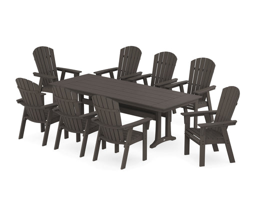 POLYWOOD Nautical 9-Piece Curveback Adirondack Farmhouse Dining Set with Trestle Legs in Vintage Coffee image