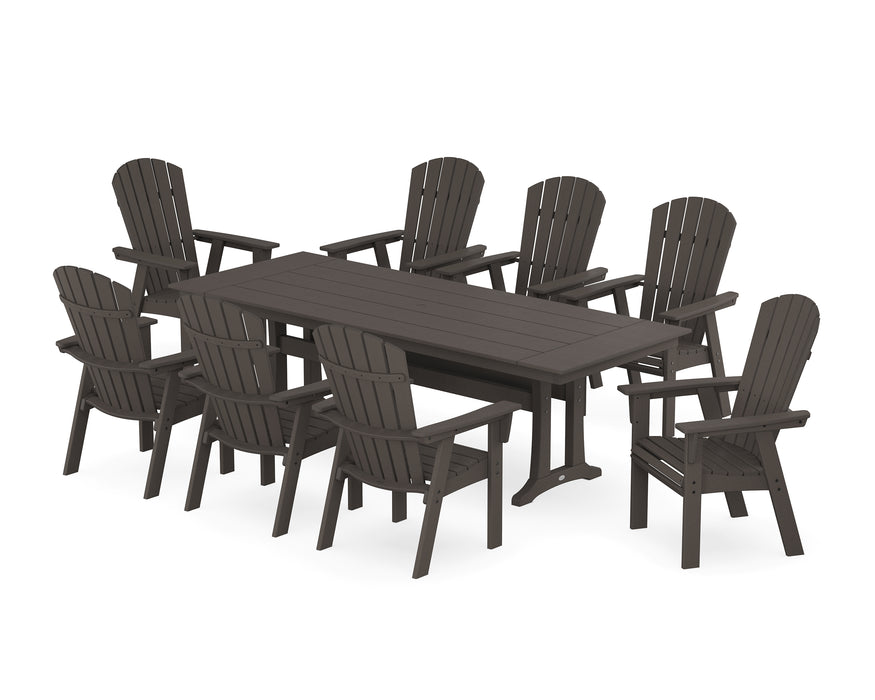 POLYWOOD Nautical 9-Piece Curveback Adirondack Farmhouse Dining Set with Trestle Legs in Vintage Coffee