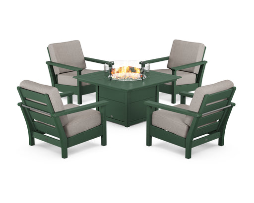 POLYWOOD Harbour 5-Piece Conversation Set with Fire Pit Table in Green / Weathered Tweed image