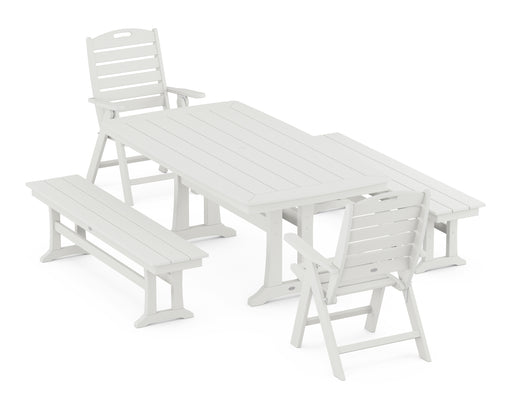 POLYWOOD Nautical Highback Chair 5-Piece Dining Set with Trestle Legs and Benches in Vintage White image