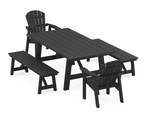 POLYWOOD Seashell 5-Piece Rustic Farmhouse Dining Set With Benches in Black image