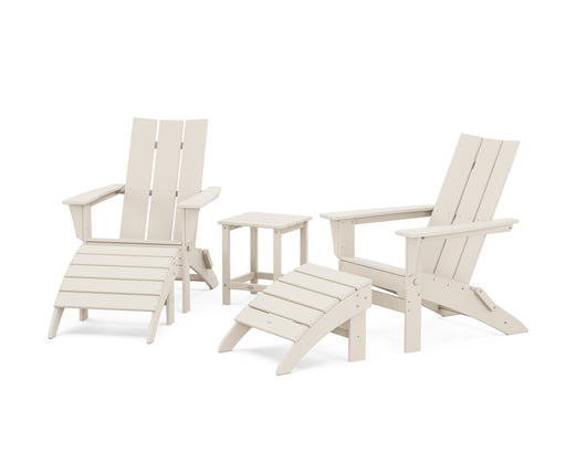 POLYWOOD Modern Folding Adirondack Chair 5-Piece Set with Ottomans and 18" Side Table in Sand image