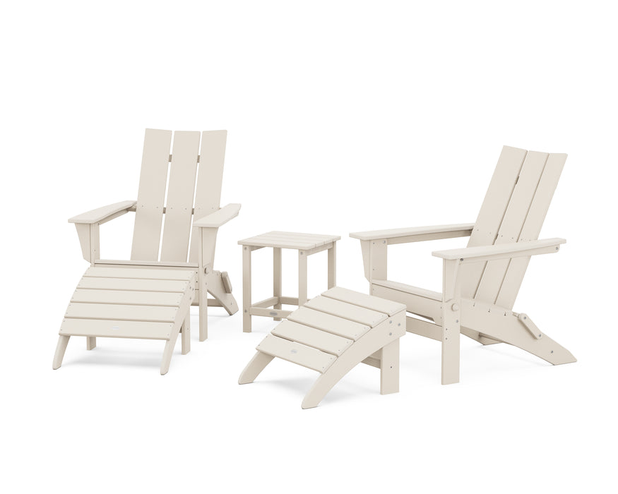 POLYWOOD Modern Folding Adirondack Chair 5-Piece Set with Ottomans and 18" Side Table in Sand image