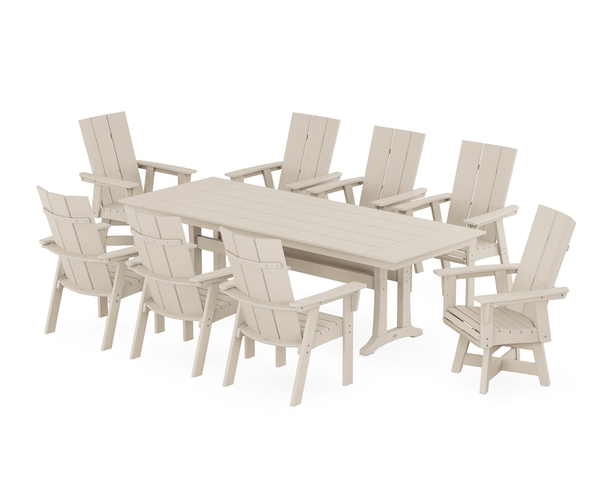 POLYWOOD Modern Curveback Adirondack Swivel 9-Piece Farmhouse Dining Set with Trestle Legs in Sand