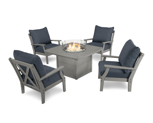 POLYWOOD Braxton 5-Piece Deep Seating Conversation Set with Fire Pit Table in Slate Grey / Sancy Denim image