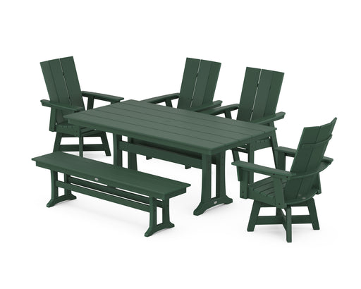 POLYWOOD Modern Curveback Adirondack Swivel Chair 6-Piece Farmhouse Dining Set With Trestle Legs and Bench in Green image