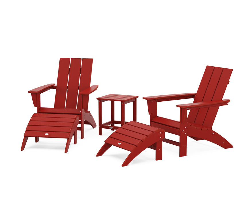 POLYWOOD Modern Adirondack Chair 5-Piece Set with Ottomans and 18" Side Table in Crimson Red image