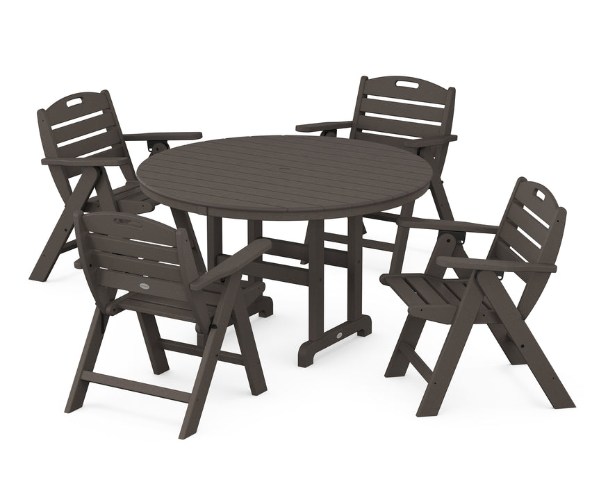 POLYWOOD Nautical Lowback Chair 5-Piece Round Farmhouse Dining Set in Vintage Coffee