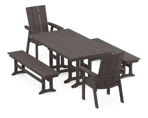 POLYWOOD Modern Curveback Adirondack 5-Piece Farmhouse Dining Set with Benches in Vintage Coffee image