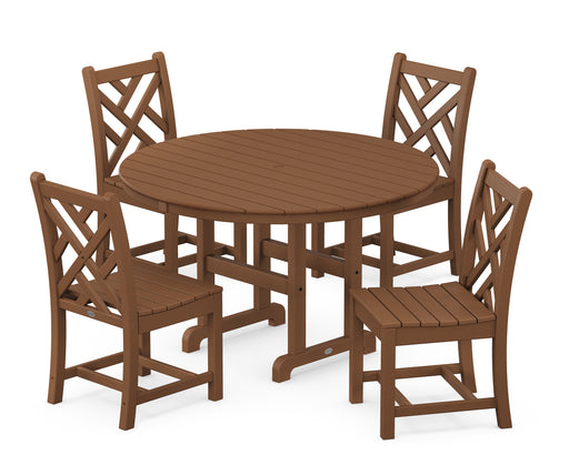 POLYWOOD Chippendale 5-Piece Round Farmhouse Side Chair Dining Set in Teak image