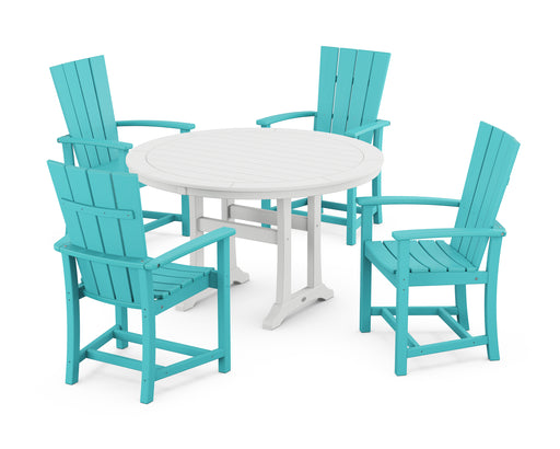 POLYWOOD Quattro 5-Piece Round Dining Set with Trestle Legs in Aruba / White image