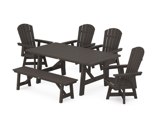 POLYWOOD Nautical Adirondack Swivel 6-Piece Rustic Farmhouse Dining Set With Trestle Legs in Vintage Coffee image