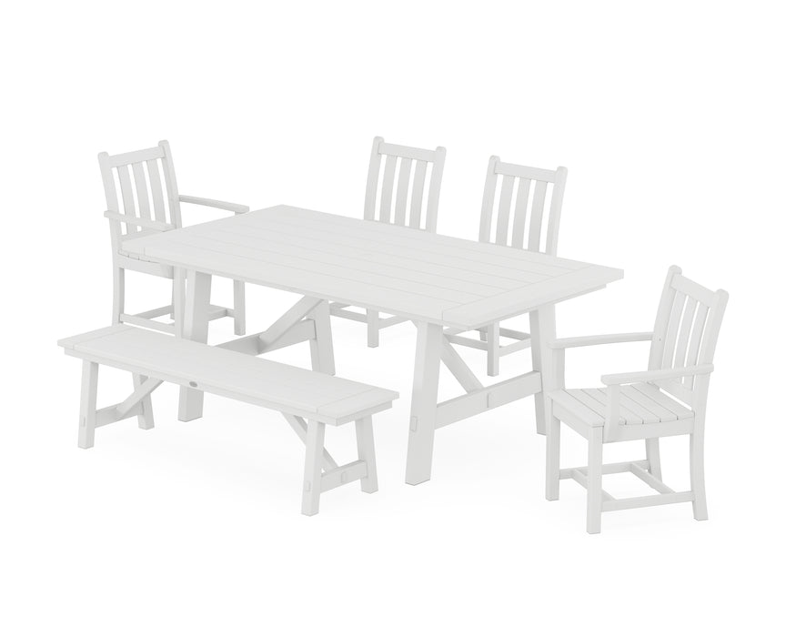 POLYWOOD Traditional Garden 6-Piece Rustic Farmhouse Dining Set With Bench in White image