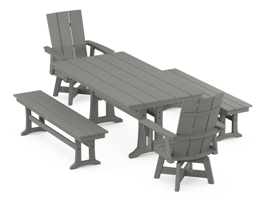 POLYWOOD Modern Curveback Adirondack Swivel Chair 5-Piece Farmhouse Dining Set With Trestle Legs and Benches in Slate Grey image