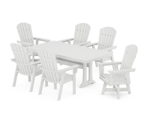 POLYWOOD Nautical Curveback Adirondack Swivel Chair 7-Piece Farmhouse Dining Set With Trestle Legs in White image