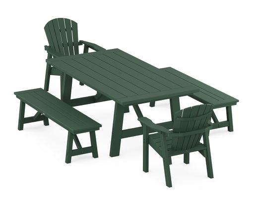 POLYWOOD Seashell 5-Piece Rustic Farmhouse Dining Set With Benches in Green image