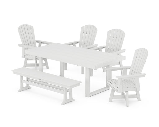 POLYWOOD Nautical Curveback Adirondack Swivel Chair 6-Piece Dining Set with Bench in White image