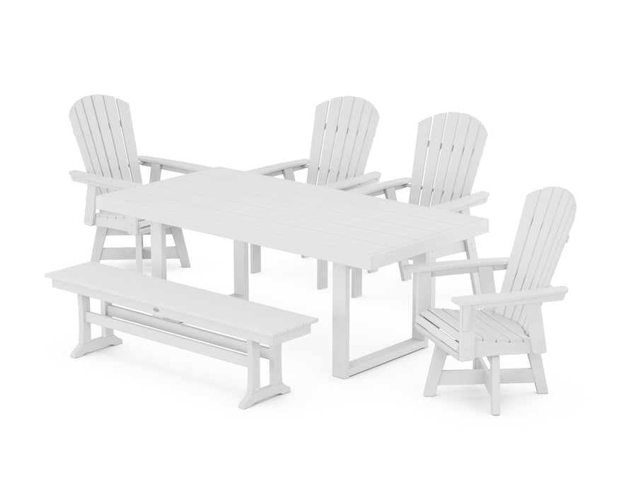 POLYWOOD Nautical Curveback Adirondack Swivel Chair 6-Piece Dining Set with Bench in White