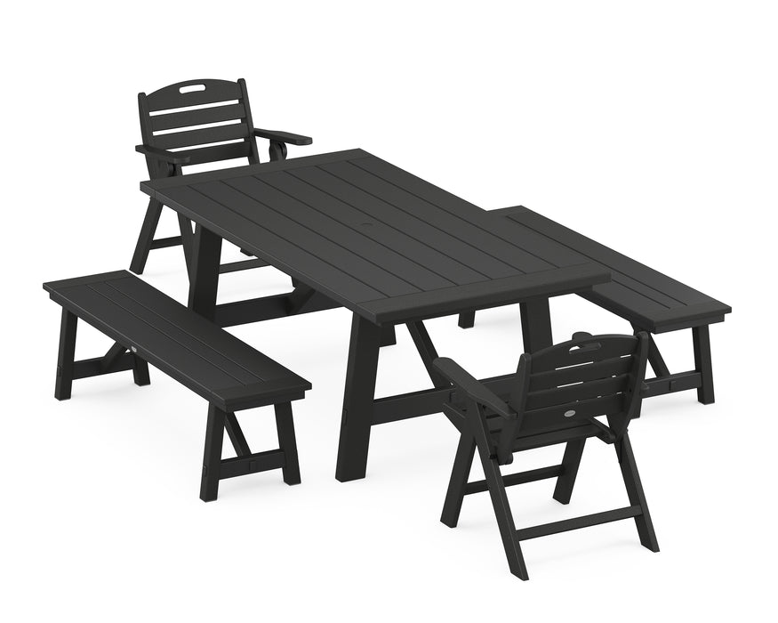 POLYWOOD Nautical Lowback Chair 5-Piece Rustic Farmhouse Dining Set With Benches in Black