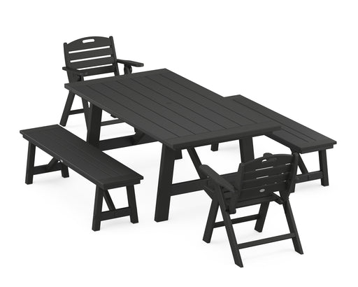 POLYWOOD Nautical Lowback Chair 5-Piece Rustic Farmhouse Dining Set With Benches in Black image