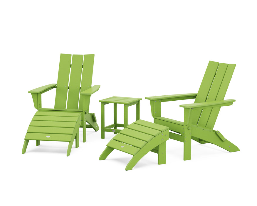 POLYWOOD Modern Folding Adirondack Chair 5-Piece Set with Ottomans and 18" Side Table in Lime image