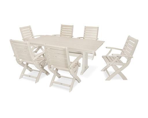 POLYWOOD Signature Folding Chair 7-Piece Farmhouse Dining Set with Trestle Legs in Sand image