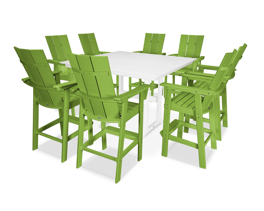 POLYWOOD Modern Curveback Adirondack 9-Piece Farmhouse Trestle Bar Set in Lime / White