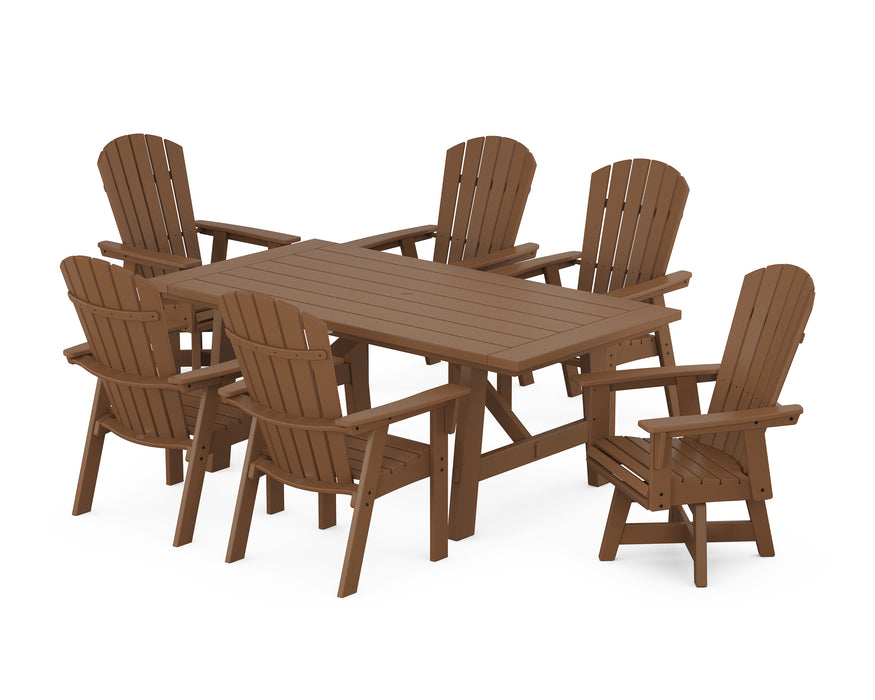 POLYWOOD Nautical Curveback Adirondack Swivel Chaie 7-Piece Rustic Farmhouse Dining Set in Teak image