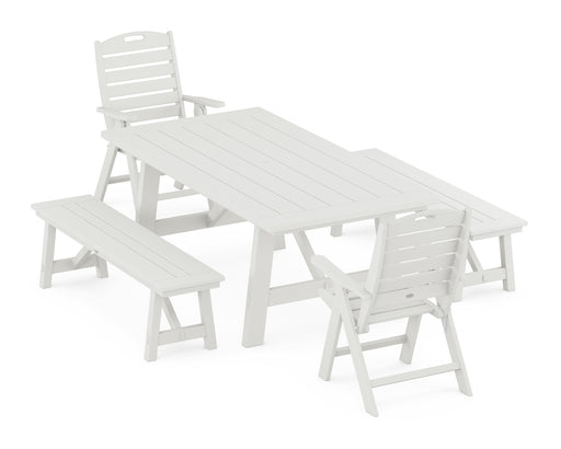 POLYWOOD Nautical Highback Chair 5-Piece Rustic Farmhouse Dining Set With Benches in Vintage White image