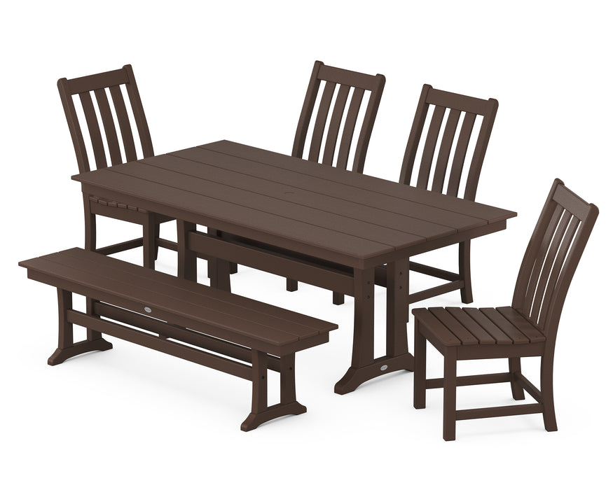 POLYWOOD Vineyard Side Chair 6-Piece Farmhouse Dining Set with Trestle Legs and Bench in Mahogany