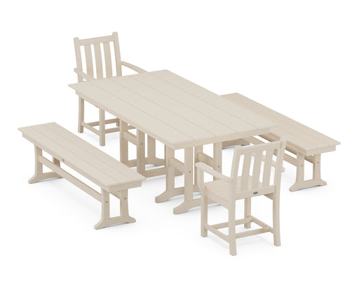 POLYWOOD Traditional Garden 5-Piece Farmhouse Dining Set with Benches in Sand image