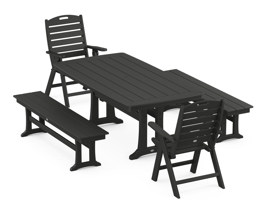 POLYWOOD Nautical Highback Chair 5-Piece Dining Set with Trestle Legs and Benches in Black