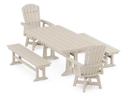 POLYWOOD Nautical Curveback Adirondack Swivel Chair 5-Piece Dining Set with Trestle Legs and Benches in Sand image