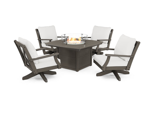 POLYWOOD Braxton 5-Piece Deep Seating Swivel Conversation Set with Fire Pit Table in Vintage Coffee / Natural Linen image