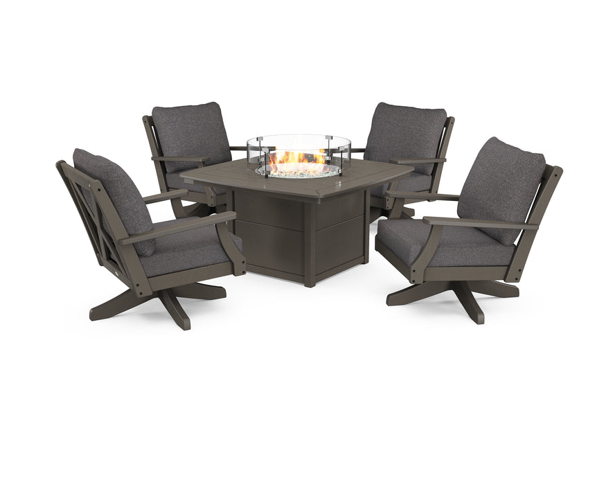 POLYWOOD Braxton 5-Piece Deep Seating Swivel Conversation Set with Fire Pit Table in Vintage Coffee / Ash Charcoal image