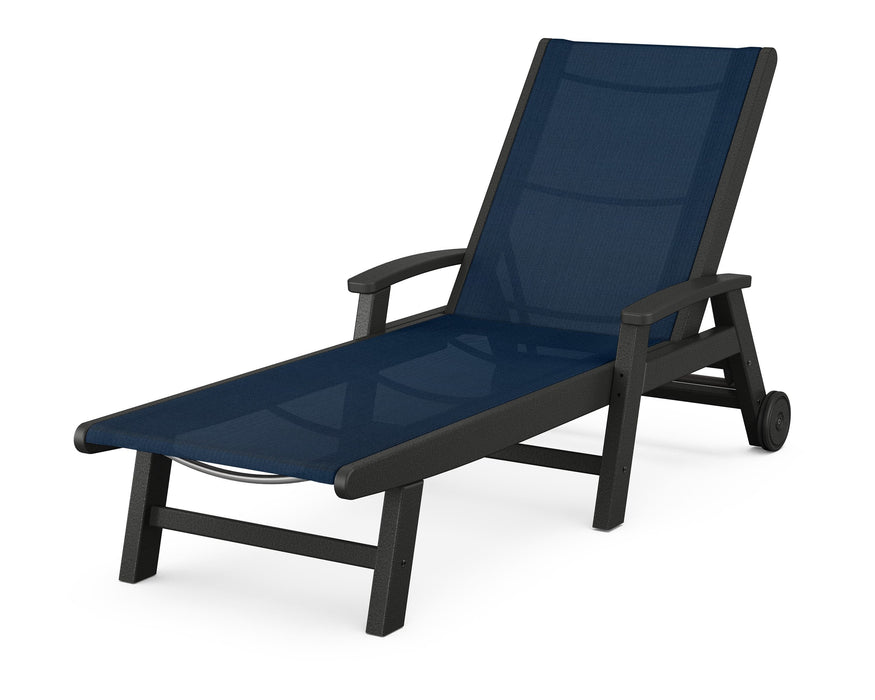 POLYWOOD Coastal Chaise with Wheels in Black / Navy Blue Sling image