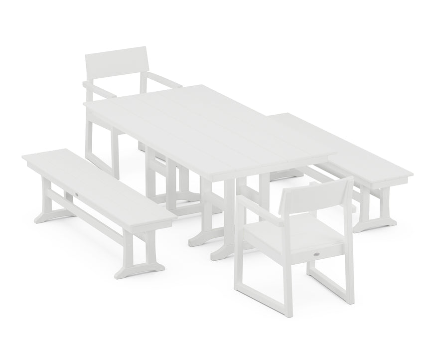 POLYWOOD EDGE 5-Piece Farmhouse Dining Set with Benches in White image