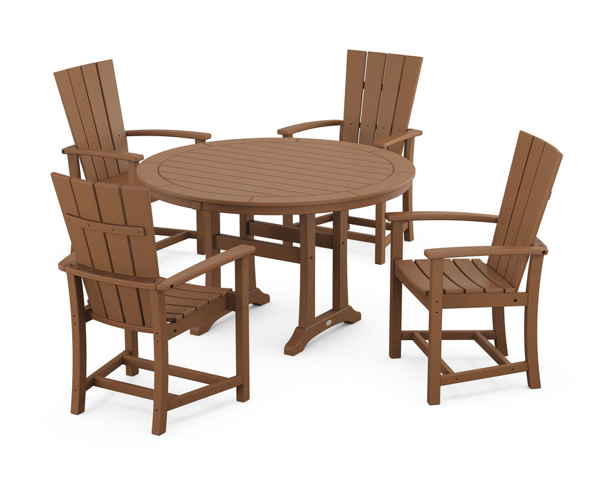 POLYWOOD Quattro 5-Piece Round Dining Set with Trestle Legs in Teak