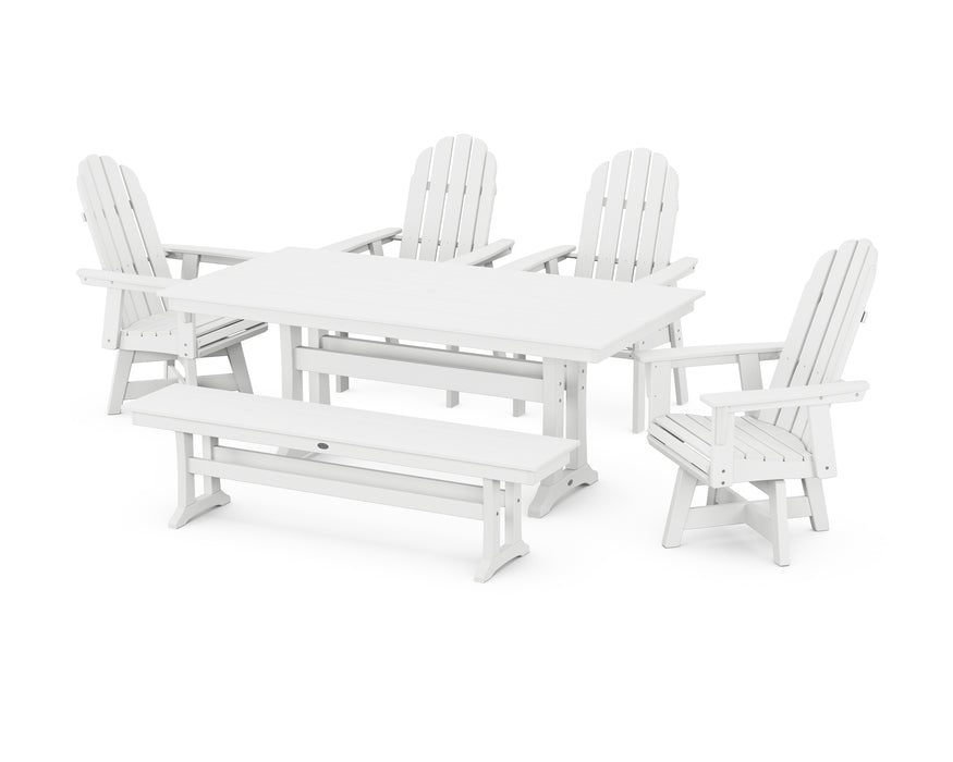 POLYWOOD Vineyard Curveback Adirondack 6-Piece Swivel Chair Farmhouse Dining Set with Trestle Legs and Bench in White