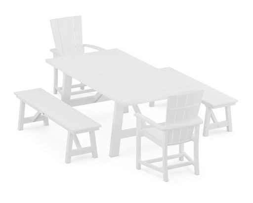 POLYWOOD Quattro 5-Piece Rustic Farmhouse Dining Set With Benches in White image