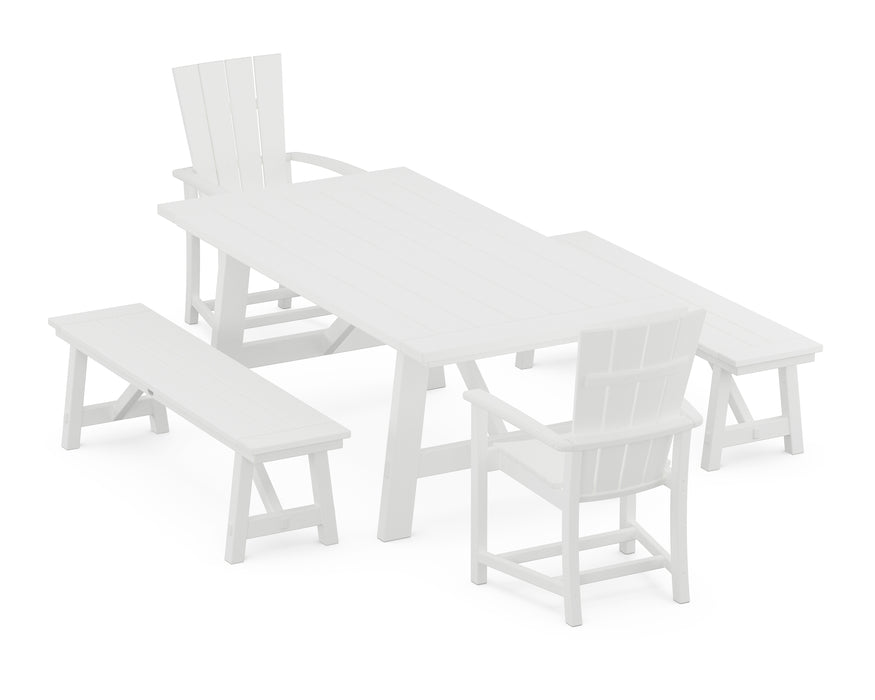 POLYWOOD Quattro 5-Piece Rustic Farmhouse Dining Set With Benches in White image