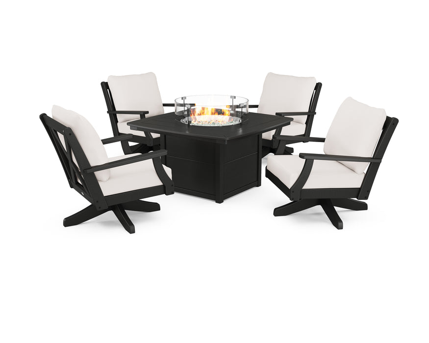 POLYWOOD Braxton 5-Piece Deep Seating Swivel Conversation Set with Fire Pit Table in Black / Bird's Eye image