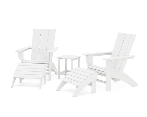 POLYWOOD Modern Curveback Adirondack Chair 5-Piece Set with Ottomans and 18" Side Table in White image