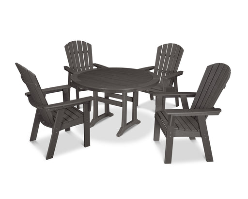 POLYWOOD Nautical Curveback Adirondack 5-Piece Round Dining Set with Trestle Legs in Vintage Coffee image