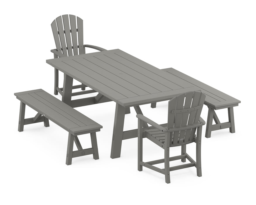 POLYWOOD Palm Coast 5-Piece Rustic Farmhouse Dining Set With Benches in Slate Grey image